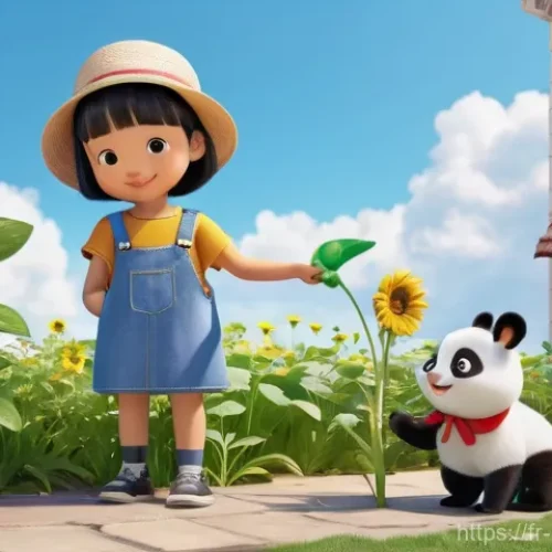 베이비버스 팬덤의 특성과 확산 - **Prompt:** A whimsical and brightly colored outdoor scene where Kiki the panda and Miumiu the bunny...