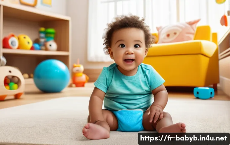 베이비버스 유튜브 조회수 높은 에피소드 - A vibrant and colorful digital illustration of a cheerful toddler wearing a diaper, sitting attentiv...