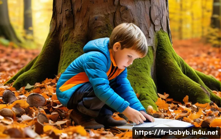 베이비버스 팬더 티미의 활동적인 에피소드 - A curious young boy wearing a colorful jacket and sturdy boots exploring a dense, vibrant forest in ...