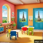 Home 19 베이비버스 글로벌 시장 성공 요인 - A colorful and engaging digital classroom scene designed for young French-speaking children, featuri...