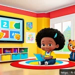 Home 18 베이비버스의 교육적 메시지 분석 - A bright and colorful digital classroom scene designed for toddlers, featuring diverse animated char...