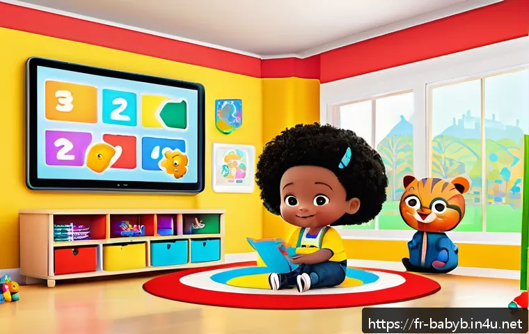 베이비버스의 교육적 메시지 분석 - A bright and colorful digital classroom scene designed for toddlers, featuring diverse animated char...
