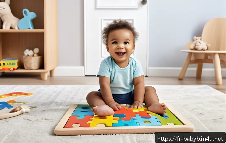 베이비버스 인기 완구 순위 - A bright and cheerful nursery scene featuring a toddler wearing a diaper, sitting on a soft rug and ...