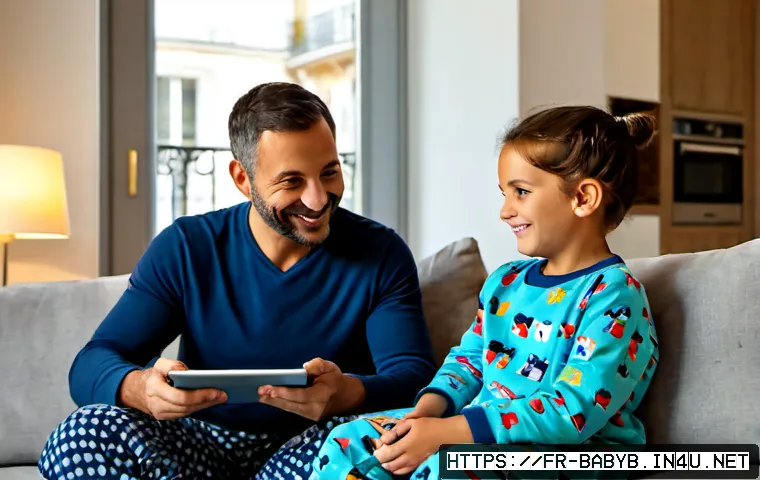 베이비버스 교육 효과 리뷰 - Photorealistic French family living room, a cheerful preschool child in fully clothed pajamas sittin...