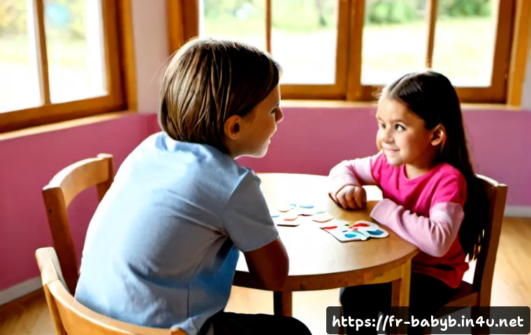 베이비버스와 아이들의 감정 교육 - Photorealistic French preschool classroom, a kind teacher sitting at a low round table with three di...