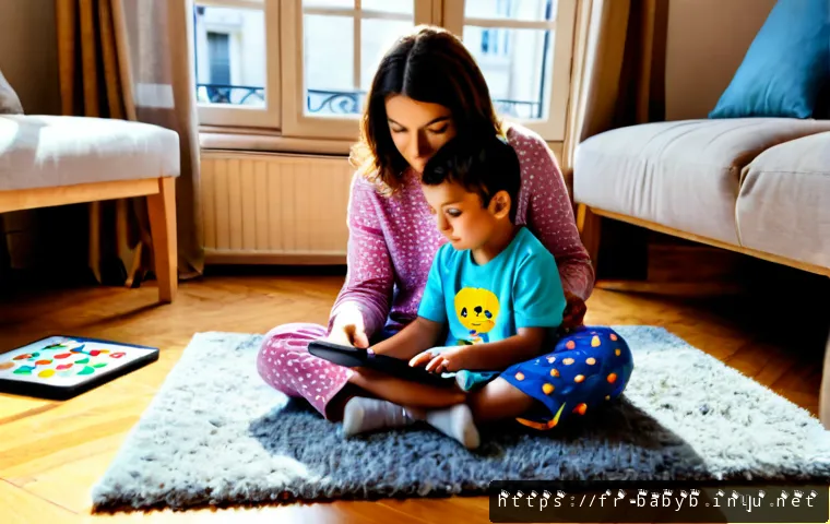 Home 17 베이비버스와 교육 게임의 결합 사례 - Photorealistic cozy French family living room, a preschool child wearing colorful pajamas sits with ...
